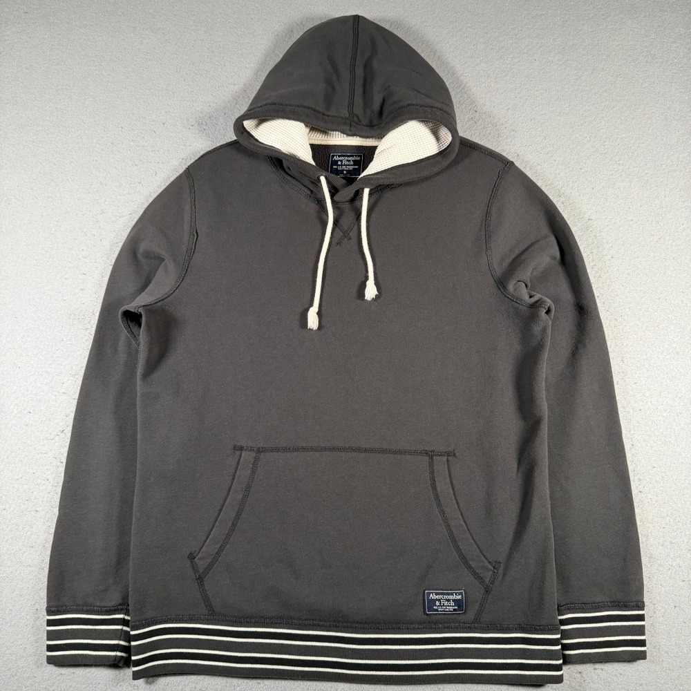 Abercrombie Fitch Mens Gray Hoodie Sweatshirt Size M Striped Trim Pullover